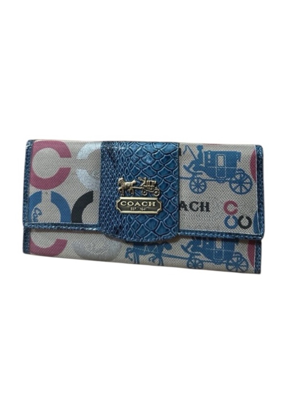 Coach Multicolor Signature PrintWallet with Blue Trim